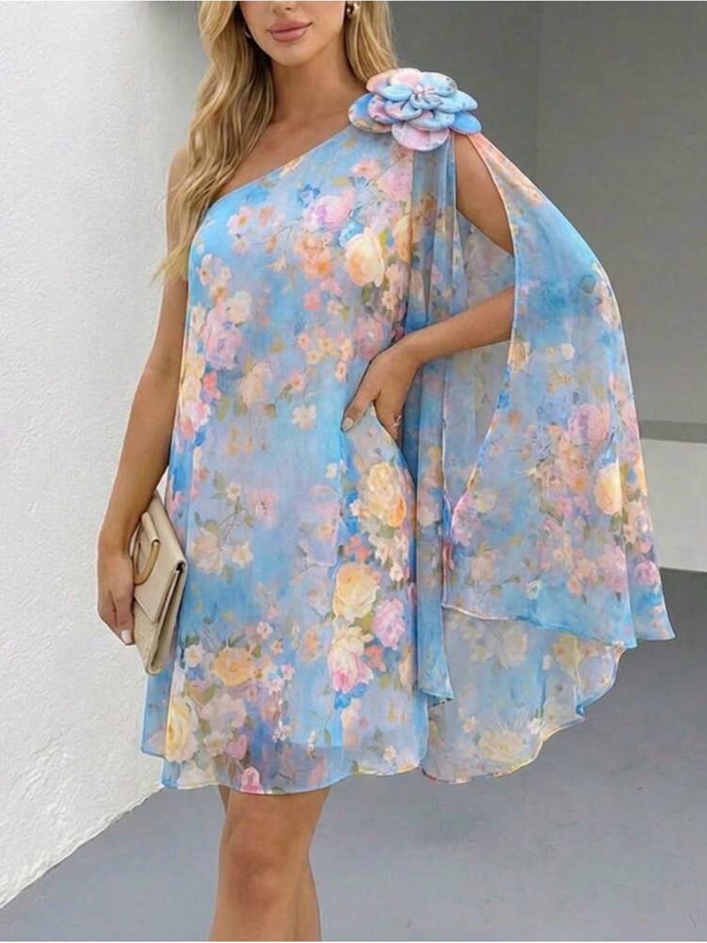 NWT Women's Floral One-Shoulder Blue Summer Dress- Small
